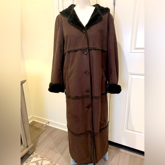 Liz Claiborne brown faux shearling maxi coat with hood & pockets M - Picture 2 of 11